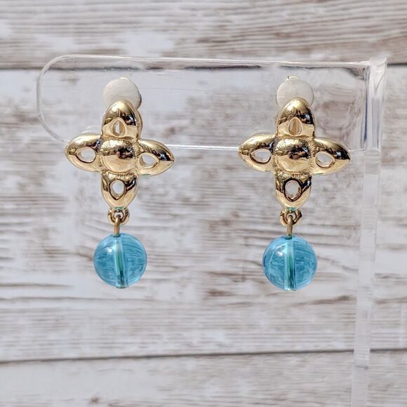 Vintage Givenchy Clip On Earrings - Gold Tone & Blue Dangle - Picture 1 of 7